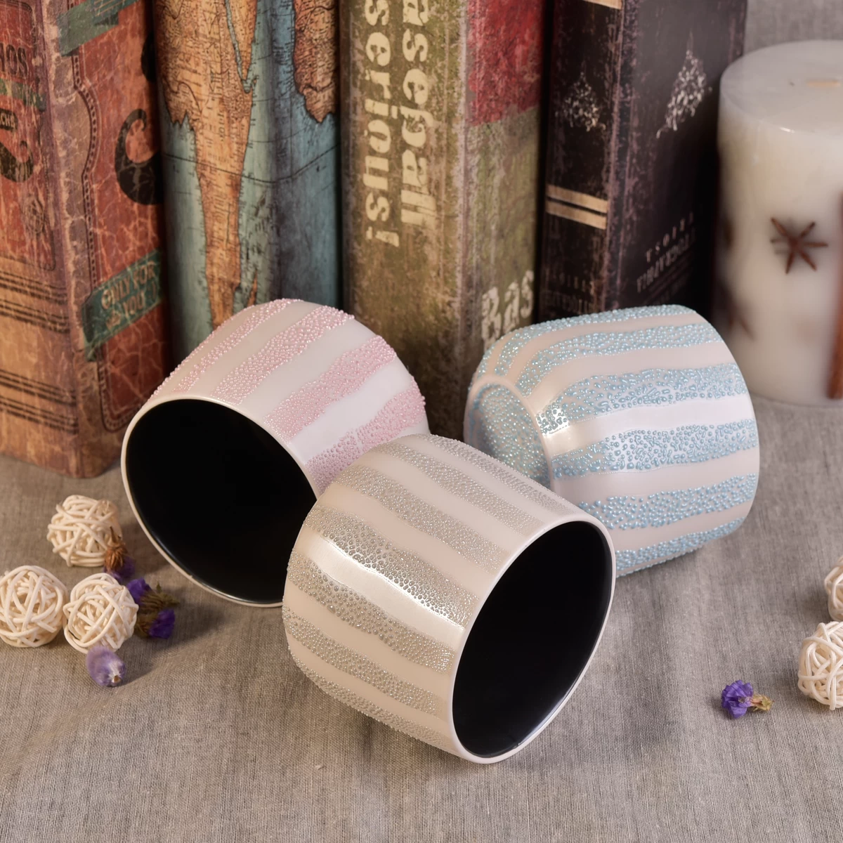Customized stripe ceramic candle containers in bulk home decor