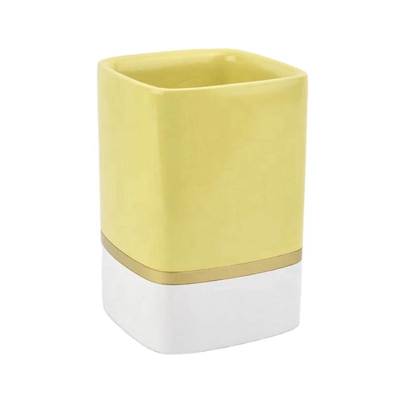 popular size with color glaze yellow Ceramic square candle jar