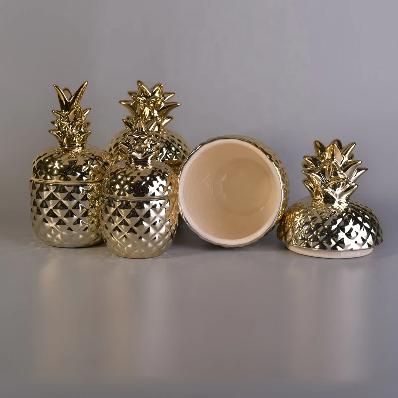 Pineapple golden ceramic candle container with lid for home decoration