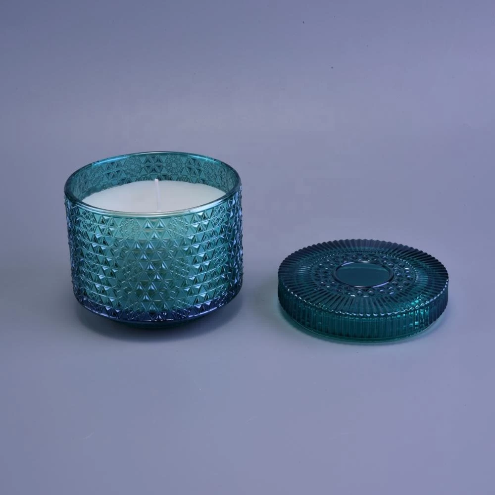 Hot sales blue luxury empty glass candle jar for candle making with lid