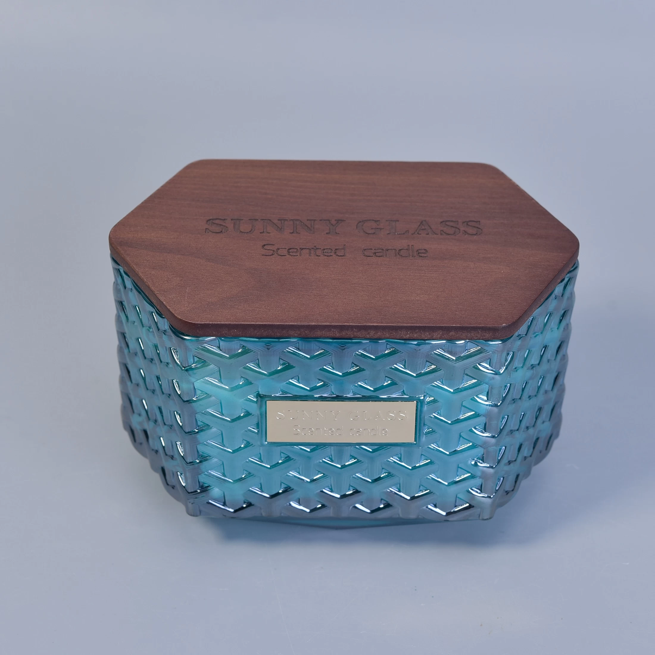 Sunny custom Hexagon luxury glass candle holder with wood lid
