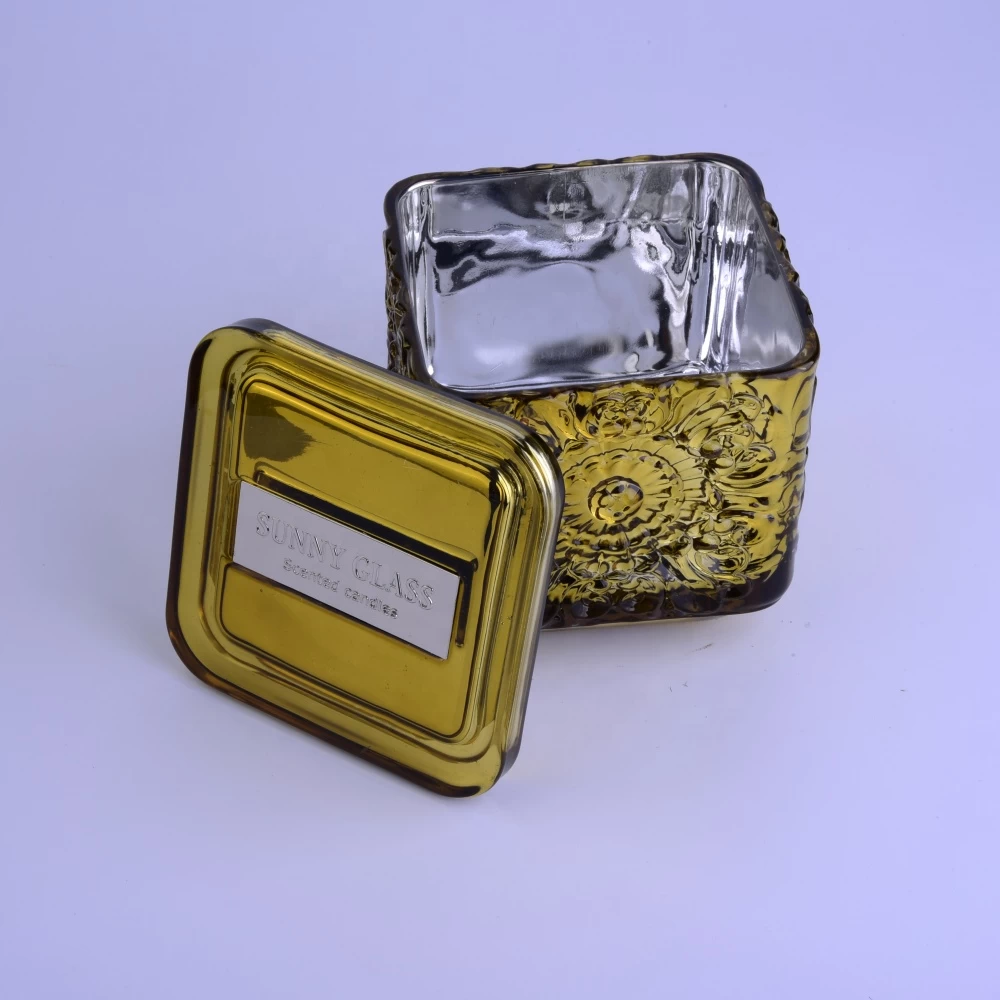 Wholesales square gold crystal glass candle holder with lid