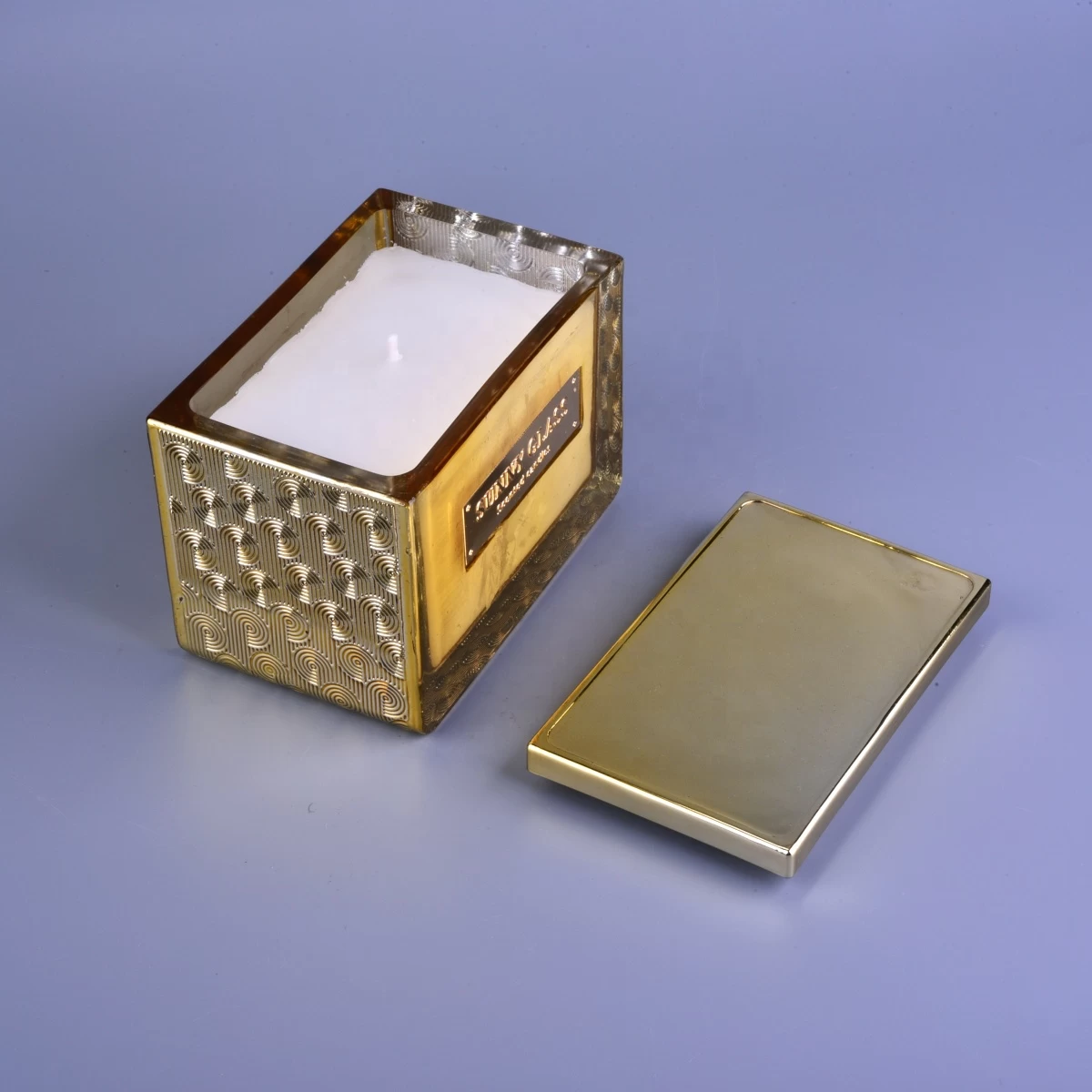 Sunny design golden luxury square glass candle holder and lid
