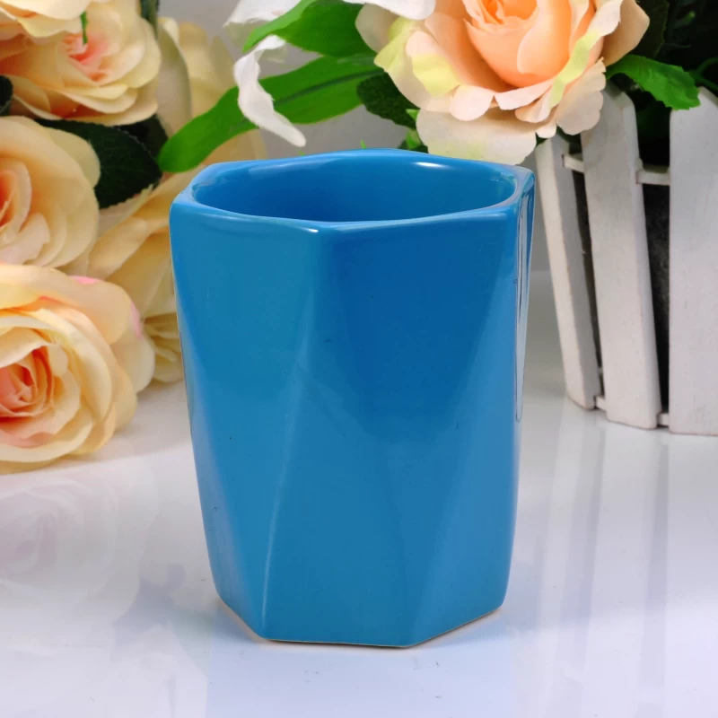 Geometric Blue Glazed Candle Holder Ceramic Candle container Jar