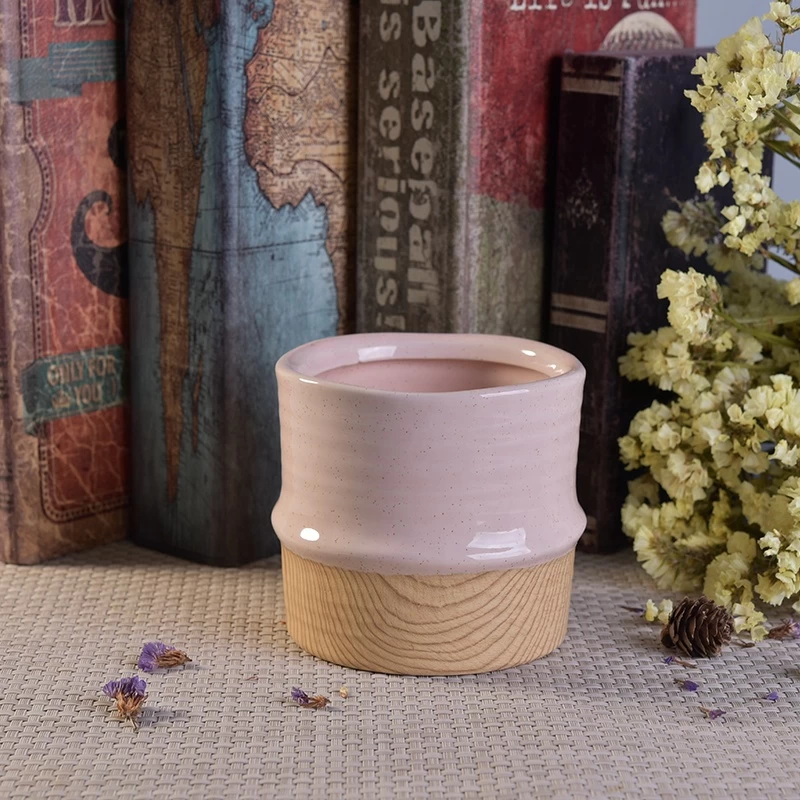 Cylinder handmade candle votive container ceramic candle jar with wooden base wedding decoration factory
