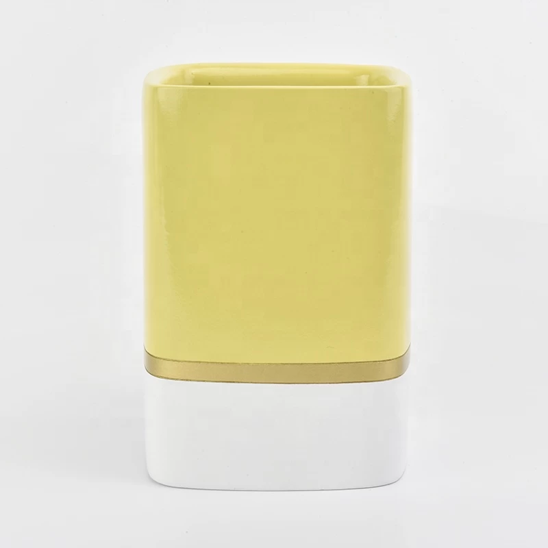 popular size with color glaze yellow Ceramic square candle jar