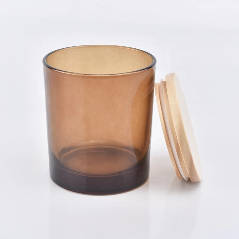 Wholesale Amber glass candle jars with wood lids