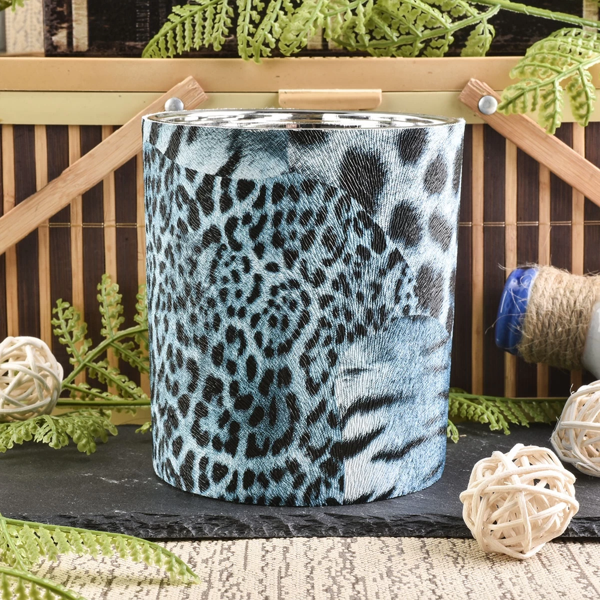 Wholesales PU material leather blue votive custom candle jar
