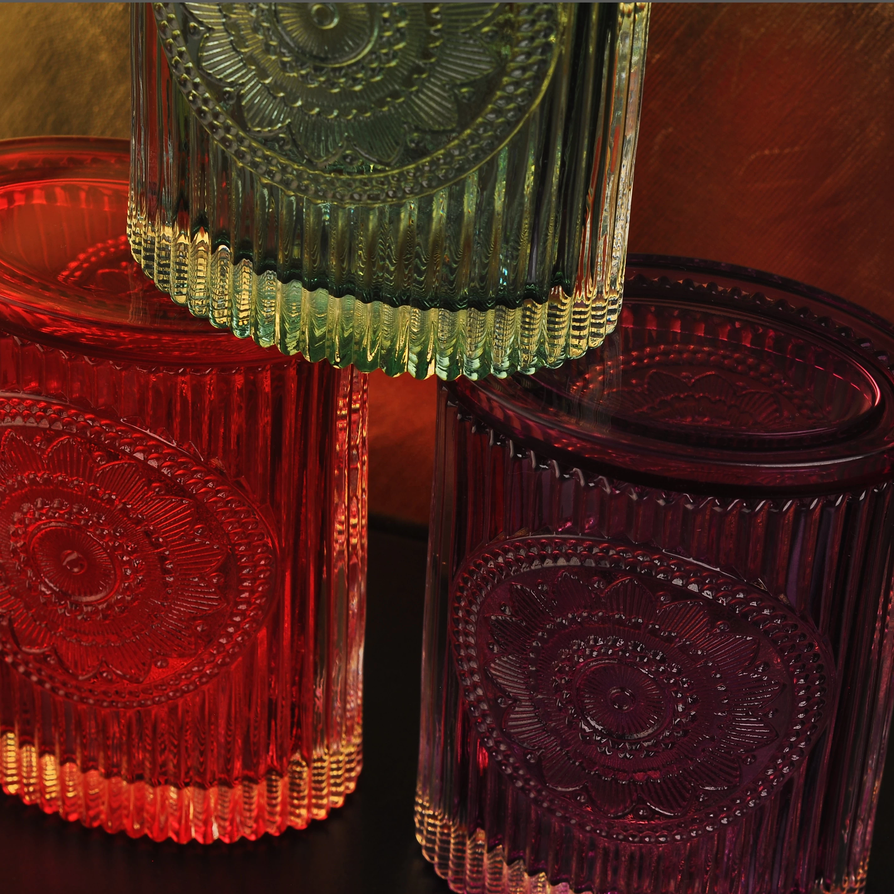 Factory price luxury oval custom engraved color glass candle jars with lid