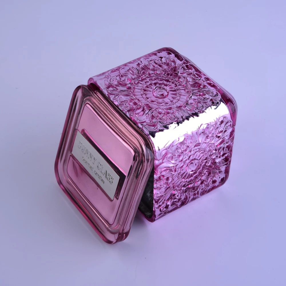 Custom pink square electroplated scented glass candle holder with lid