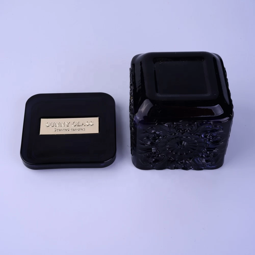 Wholesales square black crystal glass candle jar with lid