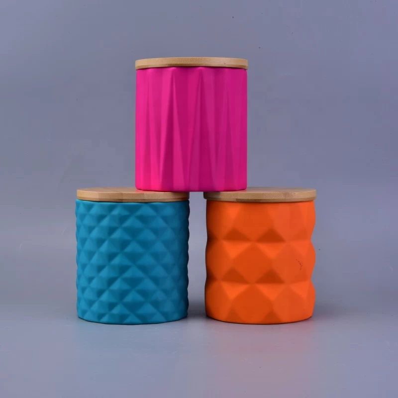 Geo cut matte ceramic candle jars with wood lid