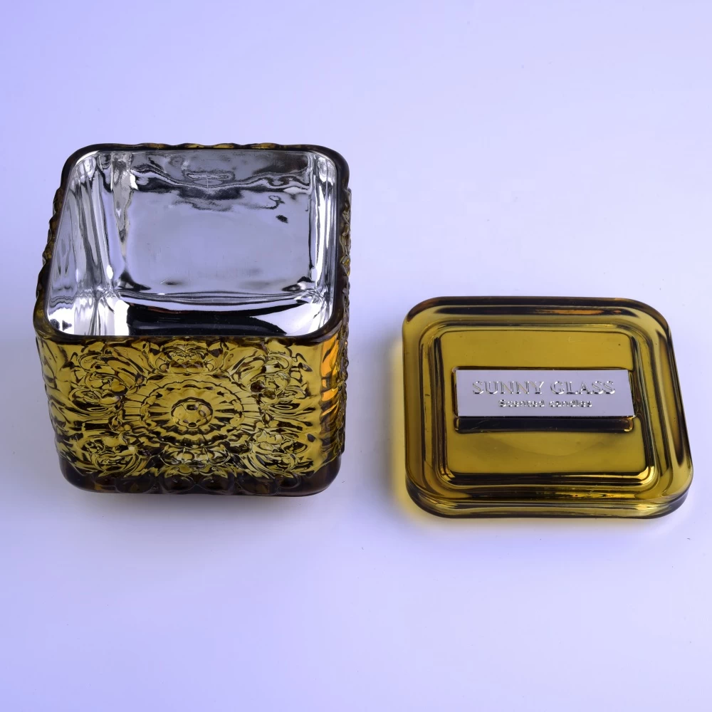 Wholesales square gold crystal glass candle holder with lid