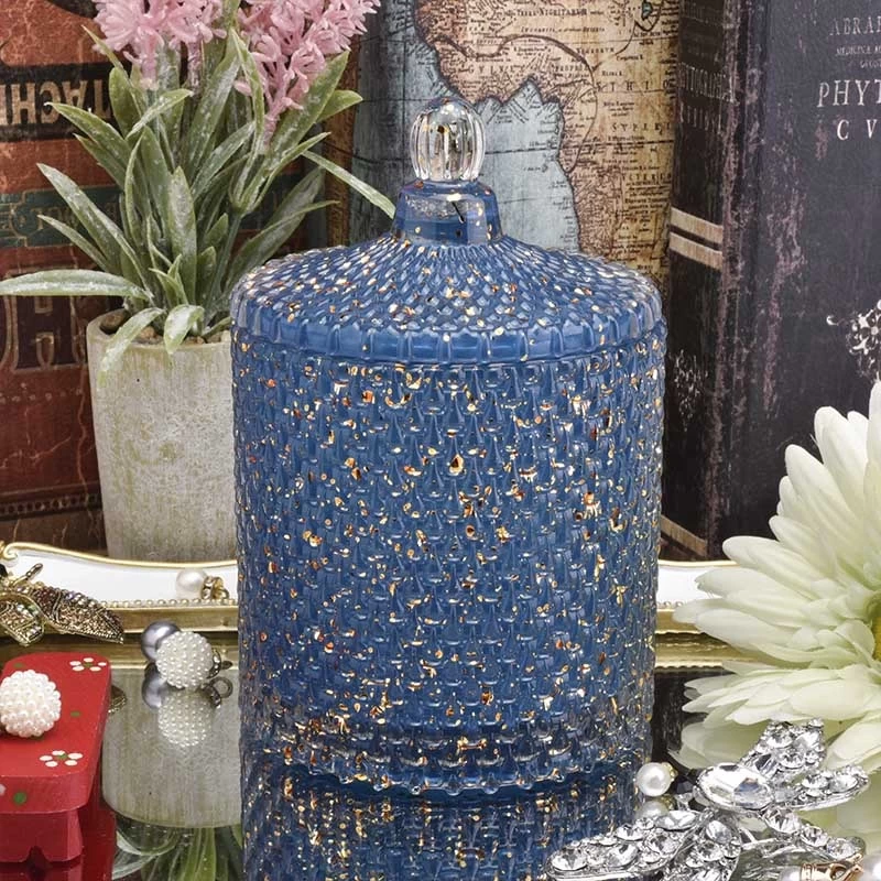 Wholesale geometric blue crystal candle glass jar with lid