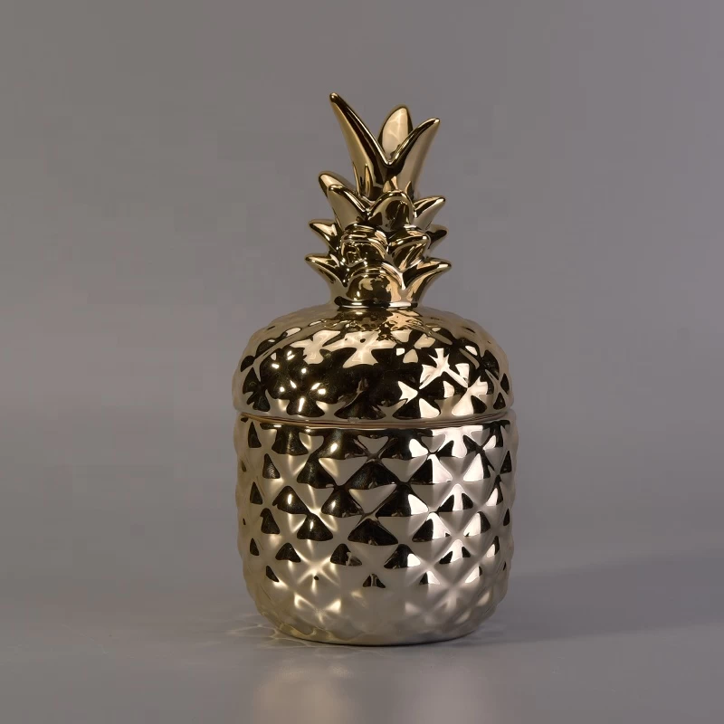 Pineapple golden ceramic candle container with lid for home decoration