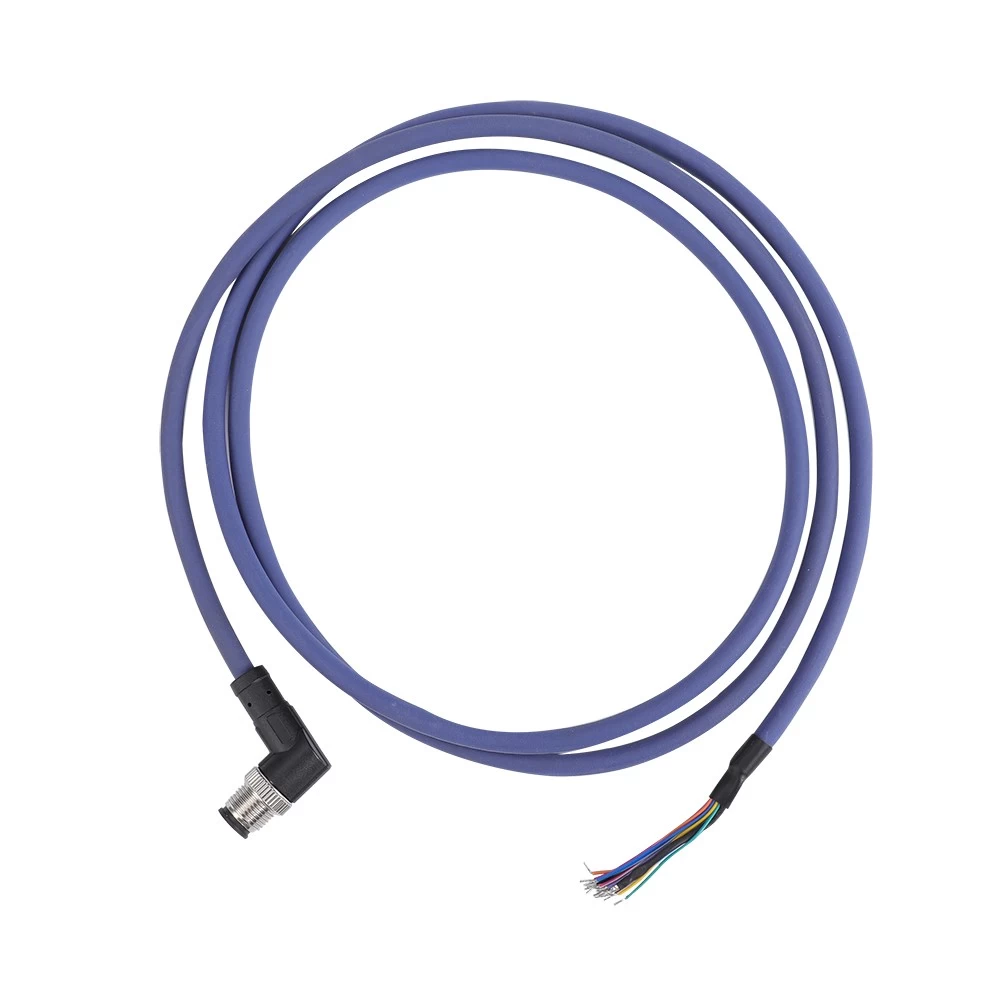 M12 12 17 pin male connector angled single ended shielded blue or purple shielded PUR cable