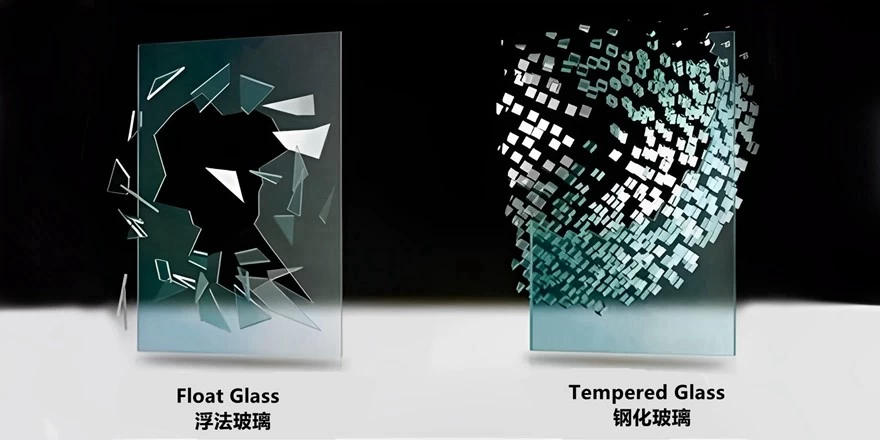 tempered glass broken test vs float glass broken diagrammatic sketch
