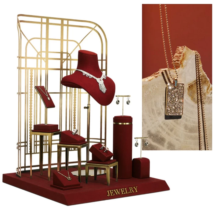 porcelana Juego de exhibición de joyas con ventana, accesorios de exhibición de metal, soportes de joyería, anillo de exhibición, pendientes, busto colgante fabricante