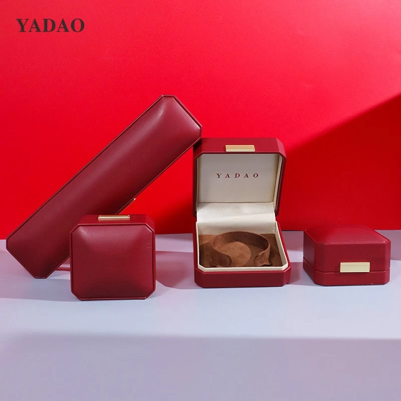 red serise soft touch luxury leather custom ring jewellery design packaging set multifunctional box with logo