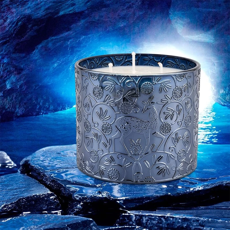 Hochwertiges, elegantes Kerzenglas aus Glas mit blauem Hirschmuster für Familiengeschenke