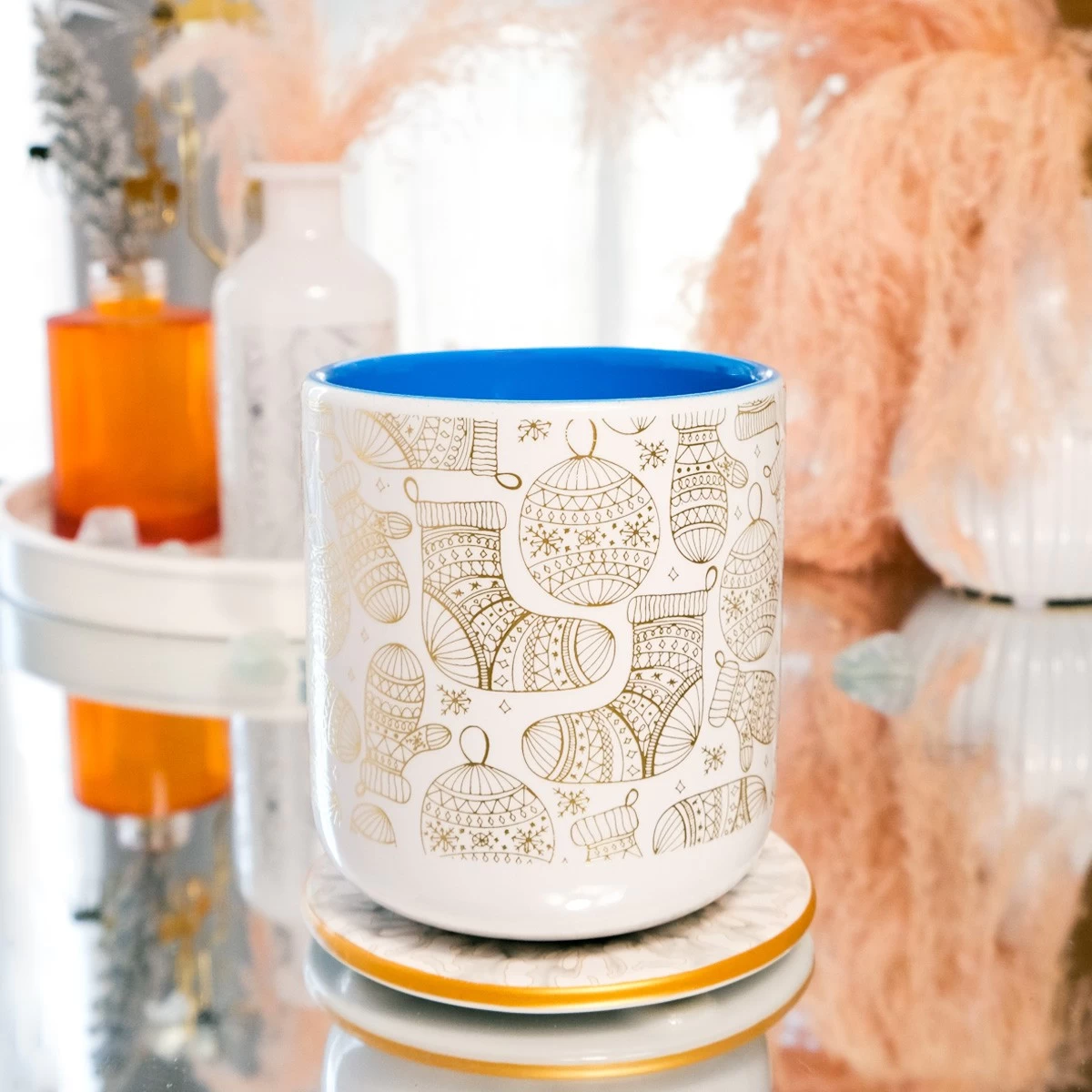 Venta al por mayor de tarros de vela de cerámica con aplique navideño vacío de 414ml