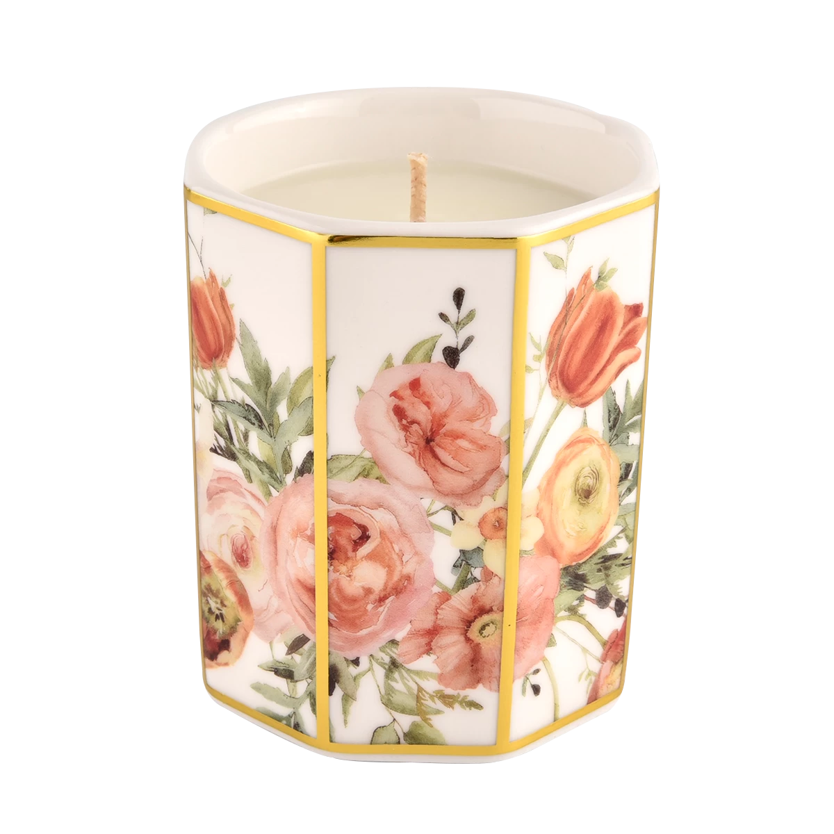 Custom original design octagonal decal of tulips ceramic candle jar