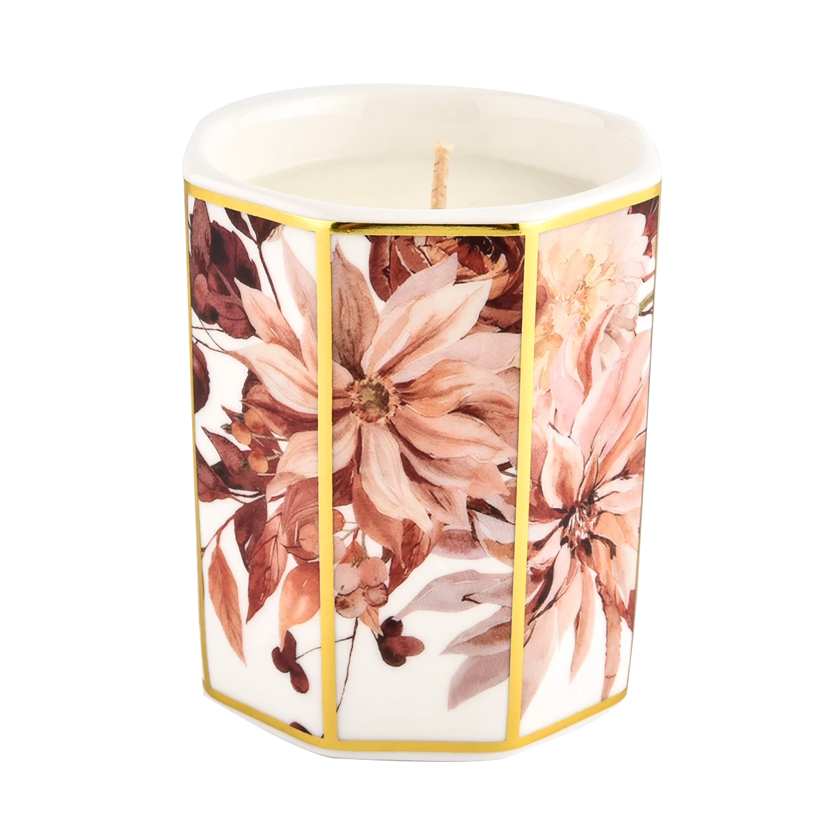 Wholesale custom octagonal decal of red roses ceramic candle jar