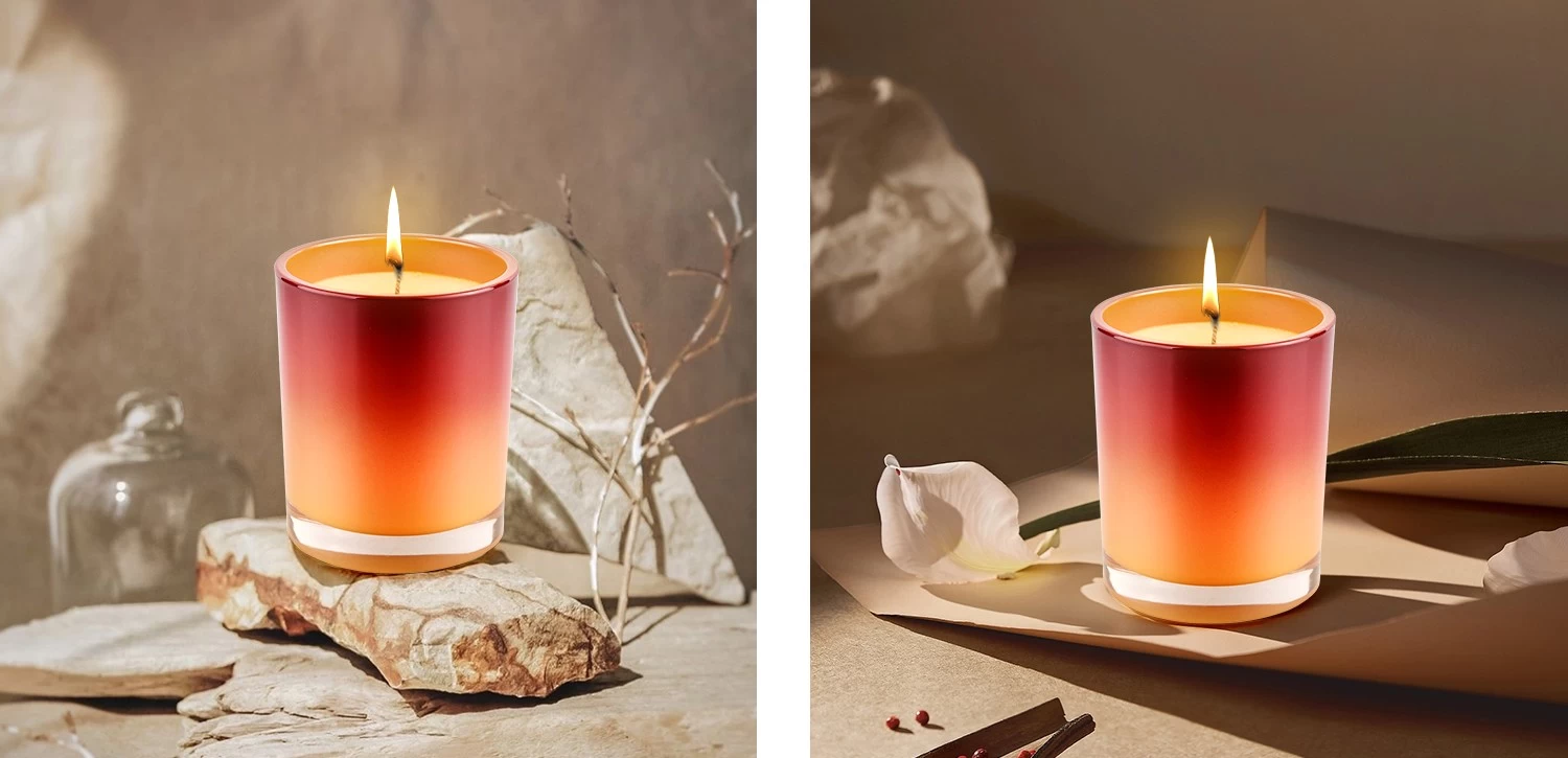Wholesale orange gradient red glass candle jar inside spray color for candle making