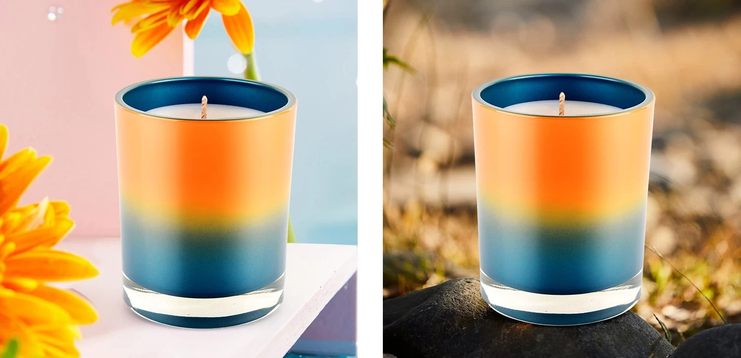 Wholesale Straight Edge Glass Candle Container Blue Gradient Orange Decoration