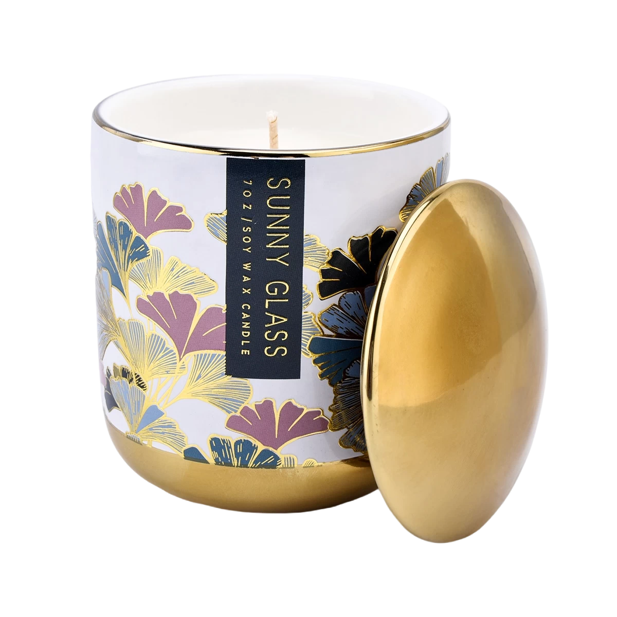 Wholesale blue ginkgo flower hot gold sticker ceramic candle holder with lid