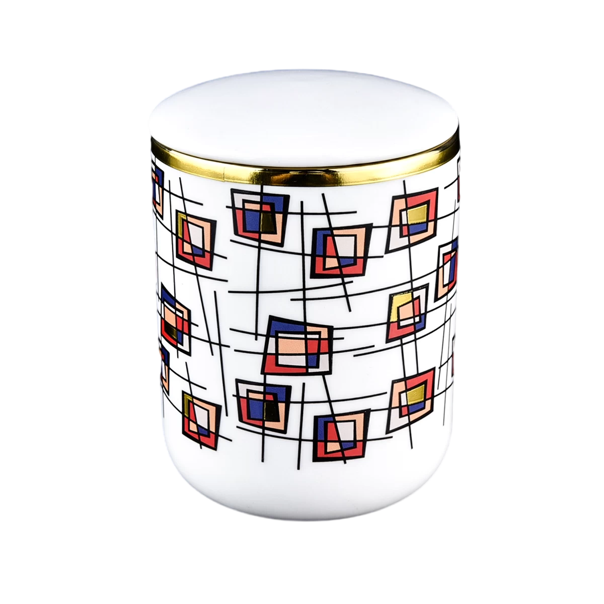 Cina Portacandele in ceramica con coperchio personalizzato da 374 ml rosso arancione e blocco blu placcato oro produttore