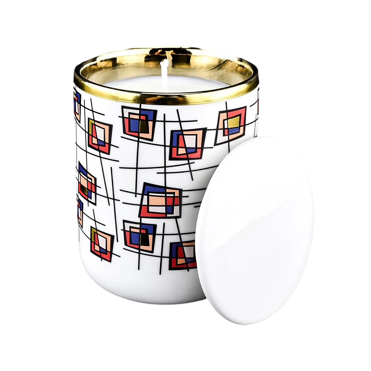 Cina Portacandele in ceramica con coperchio personalizzato da 374 ml rosso arancione e blocco blu placcato oro produttore