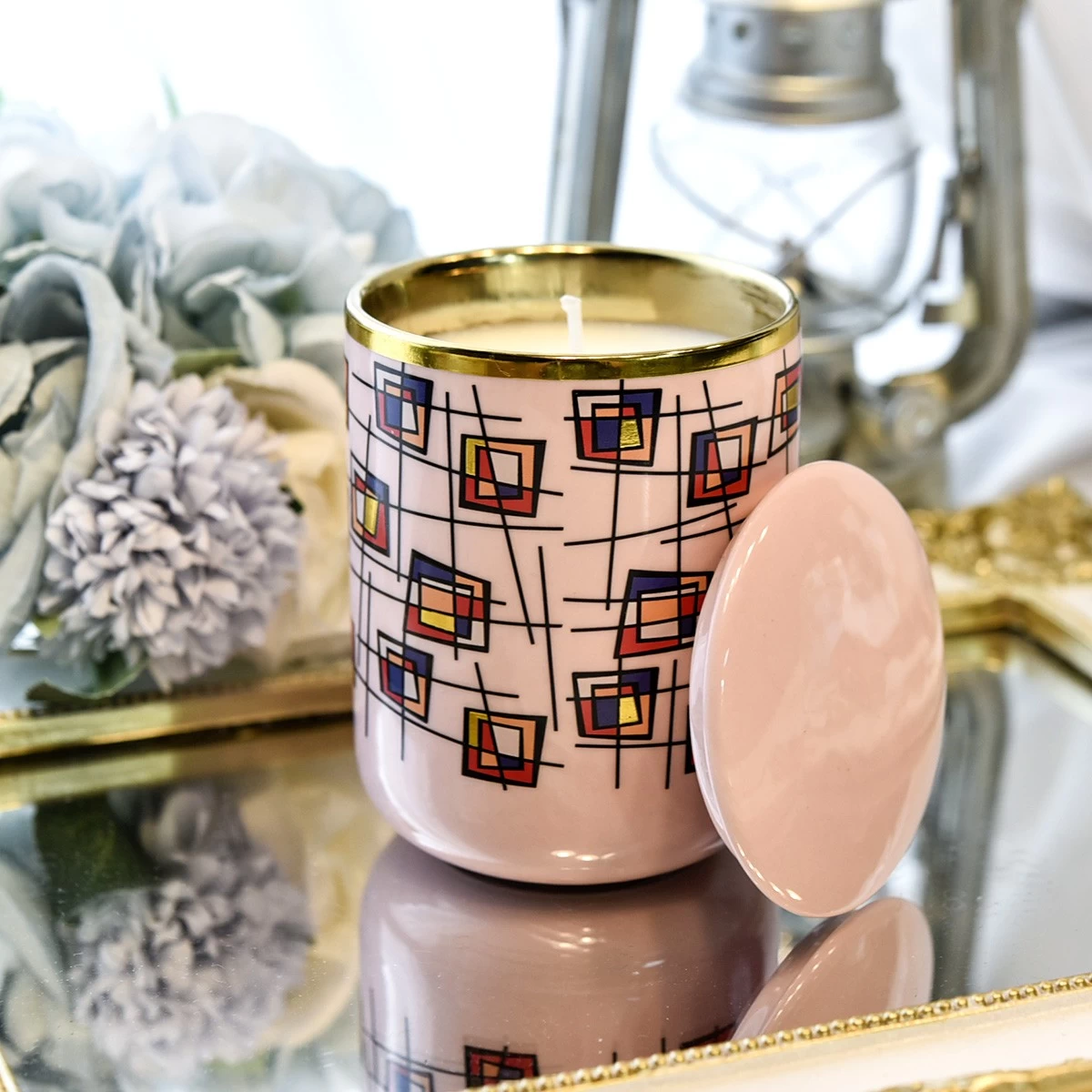 Portavelas de cerámica con tapa, venta al por mayor, patrón de bloques multicolores rosas para hacer velas
