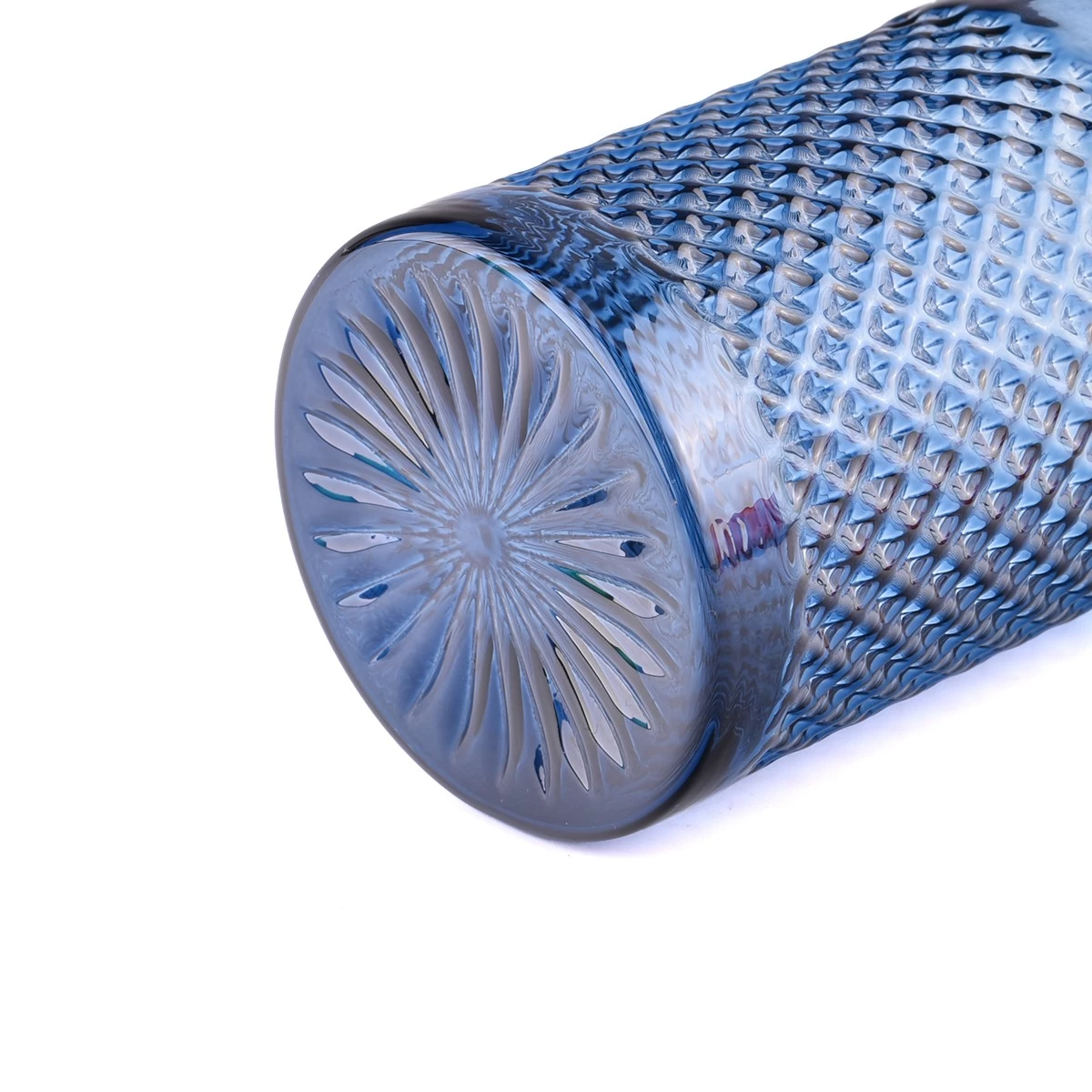 China Custom recessed grain pattern blue glass candle jars for candle making manufacturer