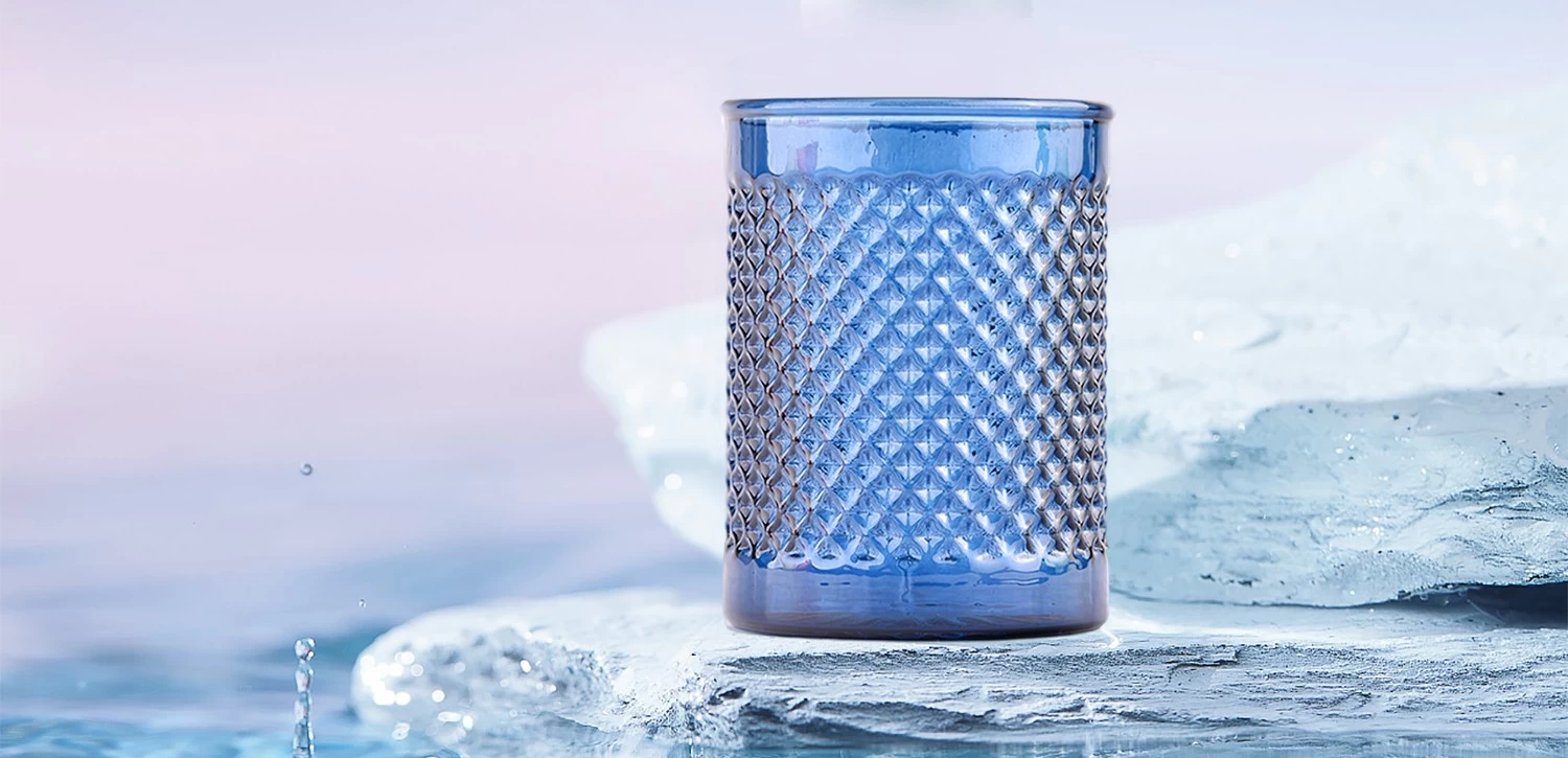 Custom recessed grain pattern blue glass candle jars for candle making