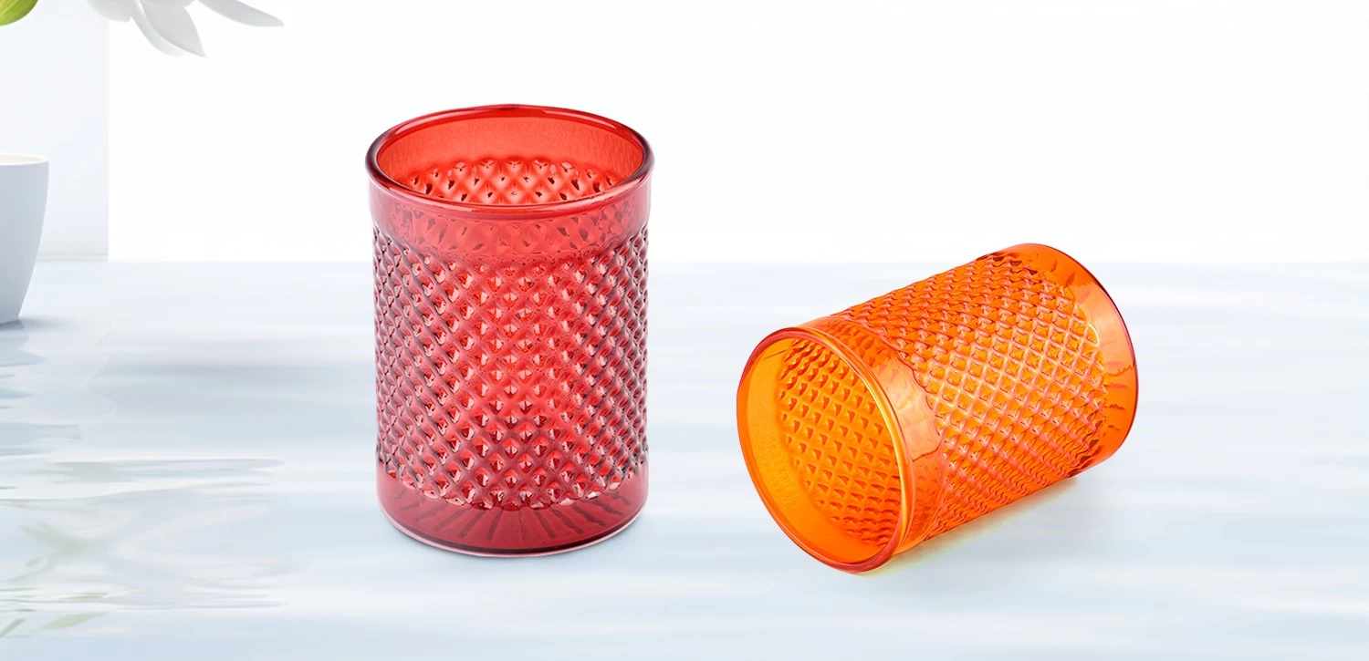 Customized empty recessed grain pattern red glass candle jars for wedding decoration