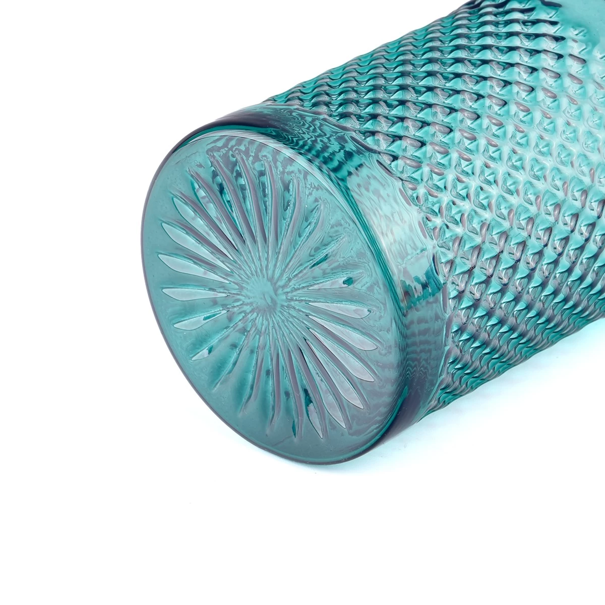 China Modern custom recessed green glass candle jar with grain pattern manufacturer