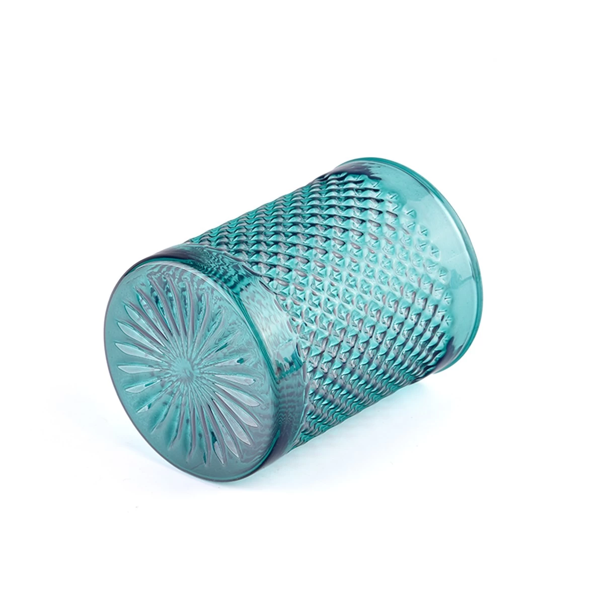 China Modern custom recessed green glass candle jar with grain pattern manufacturer