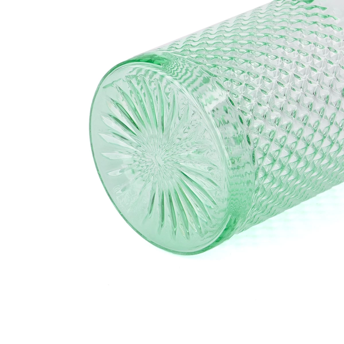 China Wholesale premium color light green recessed grain glass candle jar manufacturer