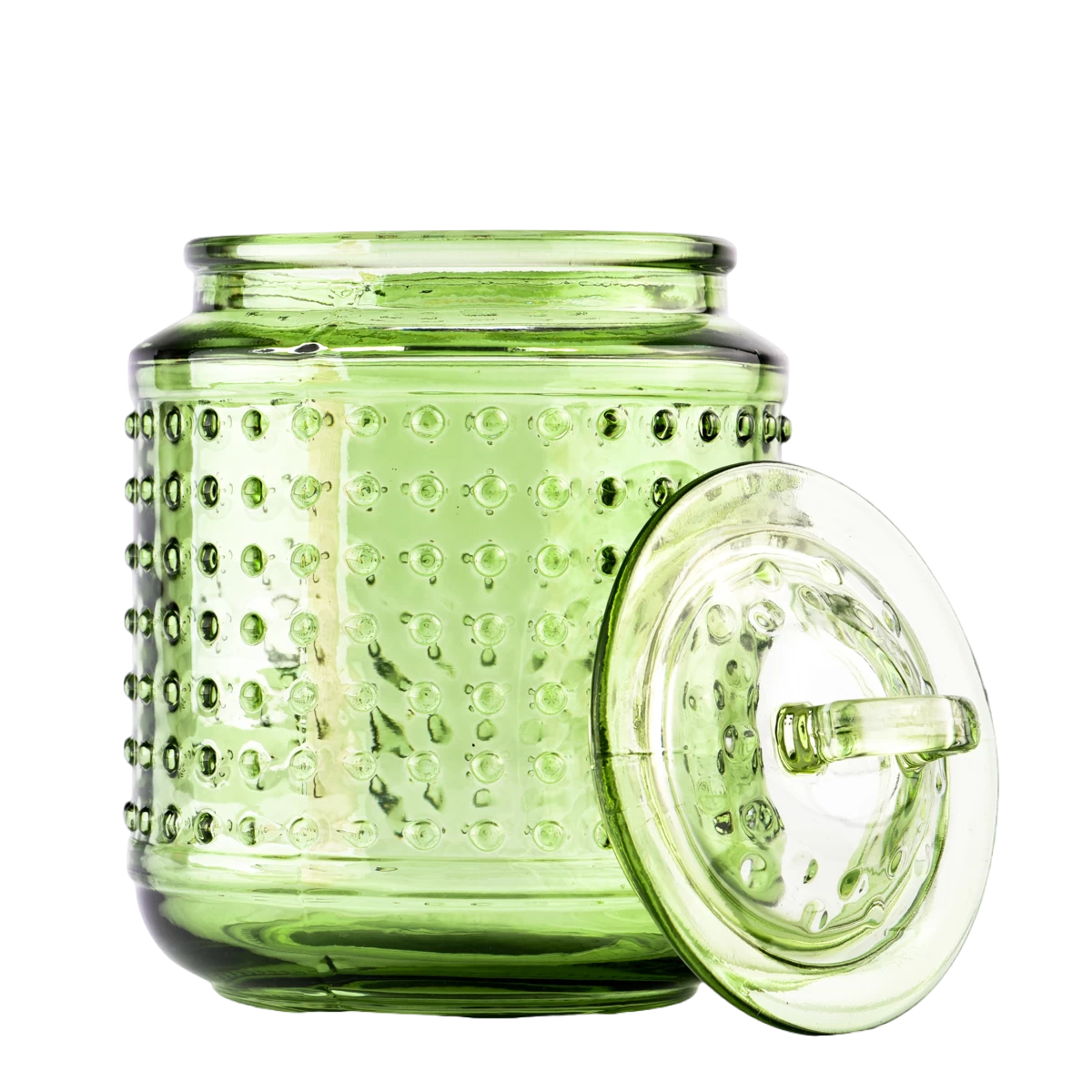 China Wholesale bulk empty green spot glass candle jar with lids manufacturer