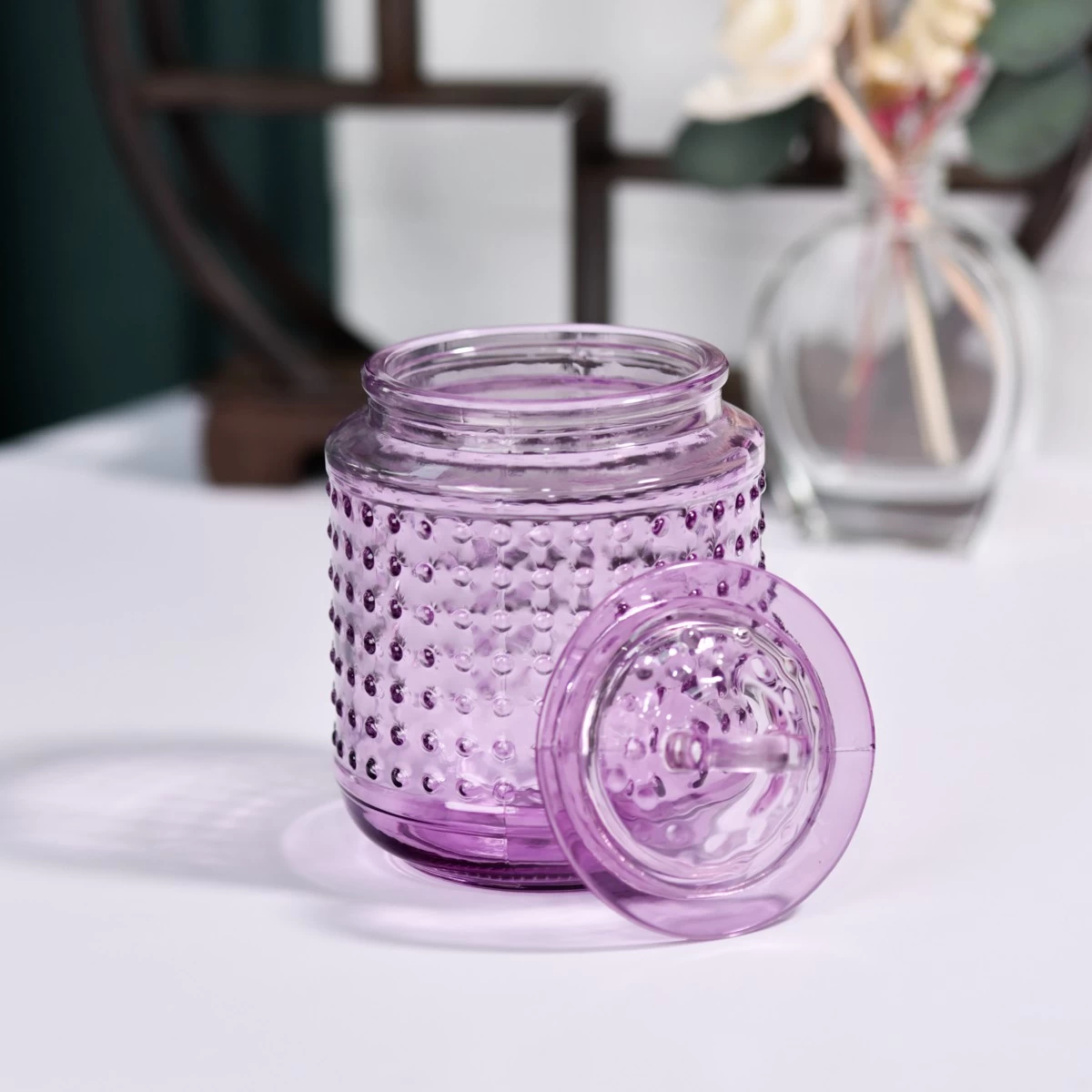 Роскошная пустая фиолетовая стеклянная банка для свечей с крышками для домашнего декора