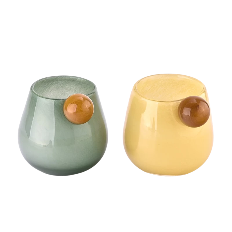 Wholesale yellow glass candle holder with ball handle candle containers