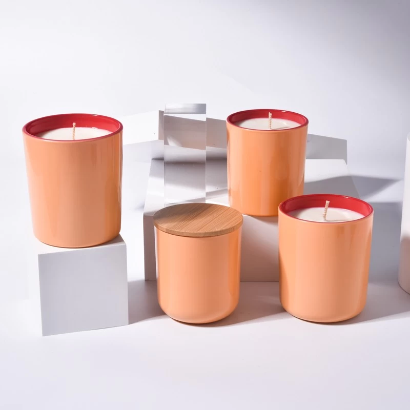 Wholesale large flat bottom inside red outside orange glass candle holder with wooden lids