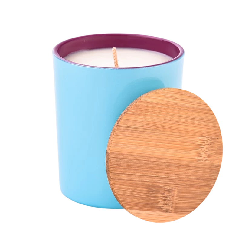 Newly designed inside green outside apricot glass candle holder with wooden lids home decor