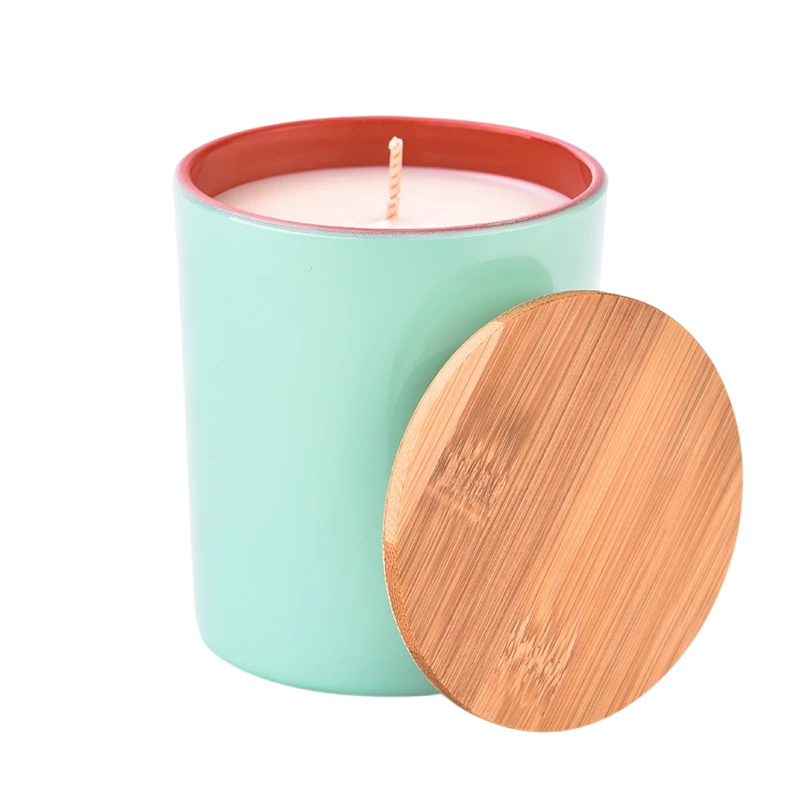 Newly designed inside green outside apricot glass candle holder with wooden lids home decor