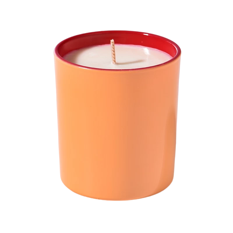 China Wholesale large flat bottom inside red outside orange glass candle holder with wooden lids manufacturer
