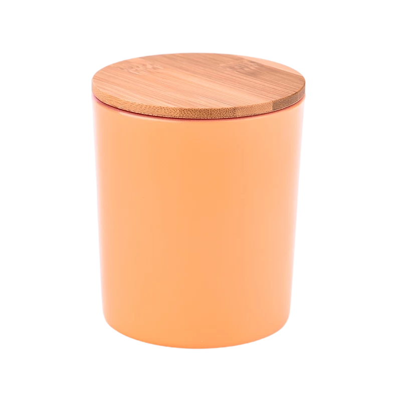 China Wholesale large flat bottom inside red outside orange glass candle holder with wooden lids manufacturer