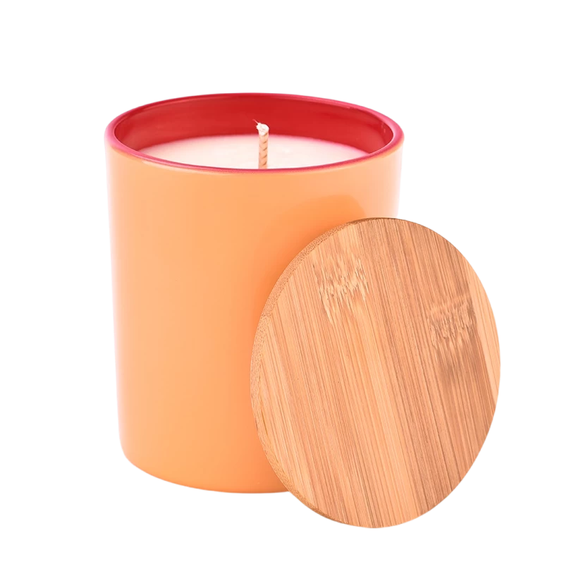 Newly designed inside green outside apricot glass candle holder with wooden lids home decor