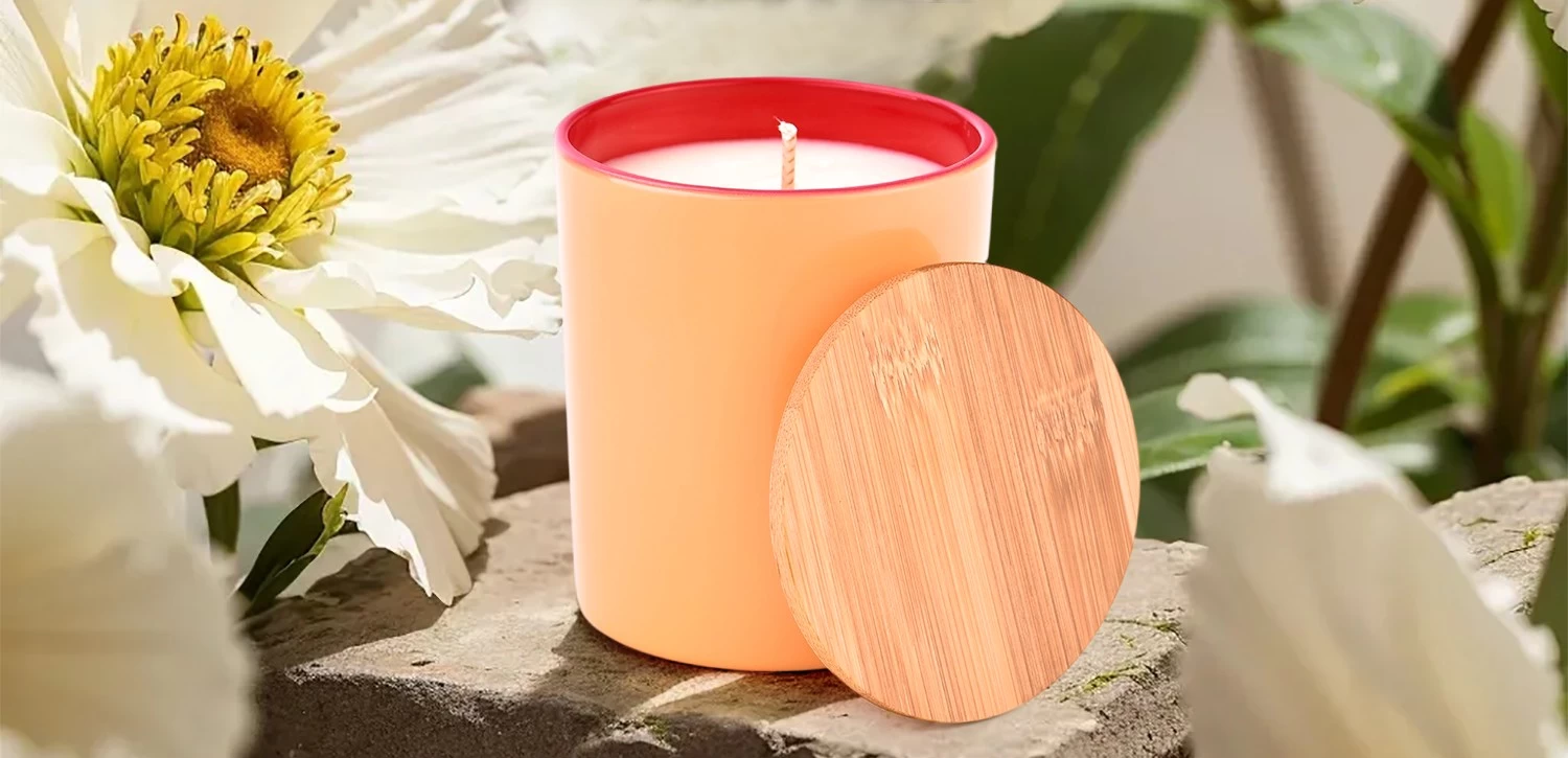 Wholesale large flat bottom inside red outside orange glass candle holder with wooden lids