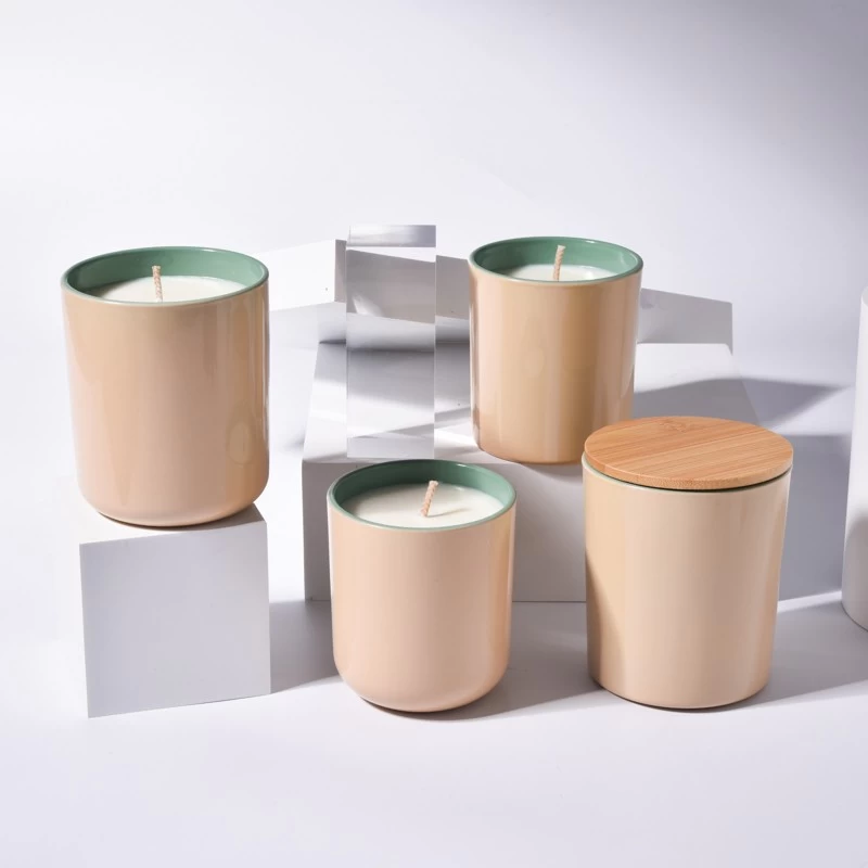 Newly designed inside green outside apricot glass candle holder with wooden lids home decor